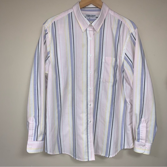 White Pastel Striped Button Front Shirt Long Sleeve Linen Blend Top Wrinkle Free - Picture 1 of 8